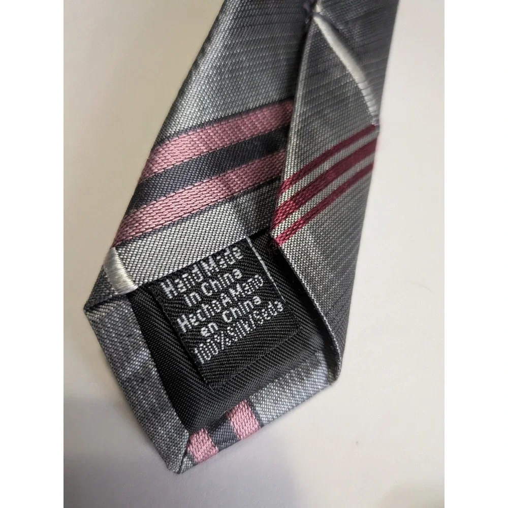 George Mens Silk Necktie Grey Burgundy White Plaid Striped Handmade Classic Tie
